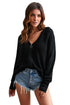 Zipper V-Neck Dropped Sleeve Hooded Solid Sweater